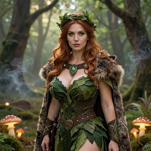 Digital fantasy artwork of a red-haired woman in a leafy, fur-caped forest outfit with a green gemstone necklace, surrounded by glowing mushrooms in