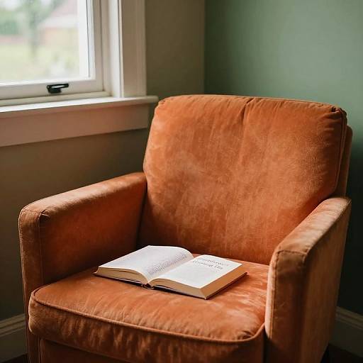 Photograph of an orange, plush armchair with an open book on its seat, positioned beside a sunlit window in a green-walled room.