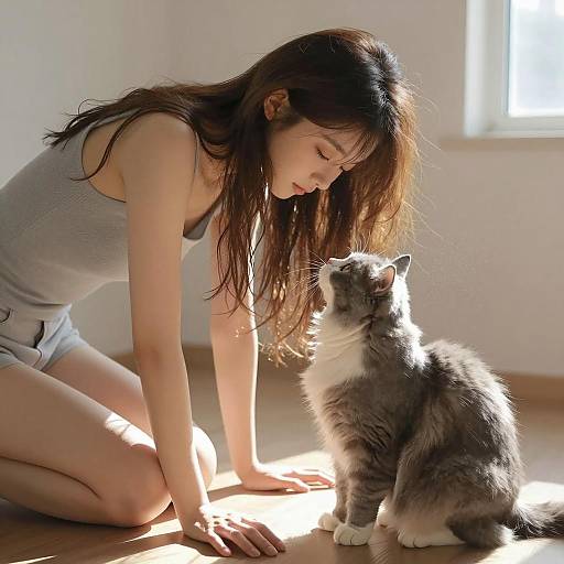 Woman Kneeling with Cat in Sunlit Room