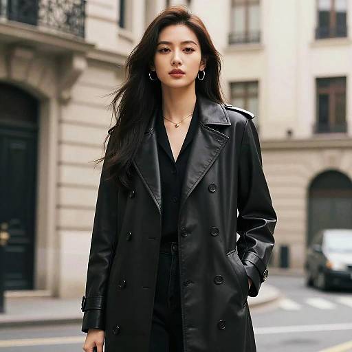 Confident Woman in Stylish Leather Coat