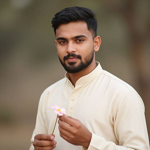 Photograph of a bearded South Asian man with short black hair, wearing a white traditional kurta, holding a lit sparkler, outdoors with blurred