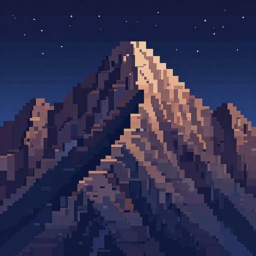 Pixel art of a towering, snow-capped mountain peak illuminated by moonlight, set against a deep blue, star-studded night sky.