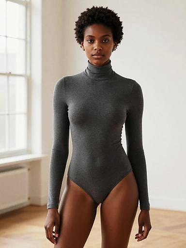 Minimalist Fashion Portrait of Black Woman in Gray Bodysuit