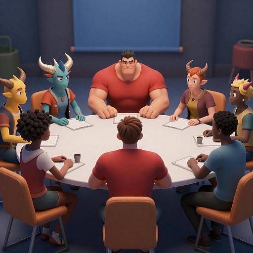 Anthropomorphic Roundtable Meeting Scene