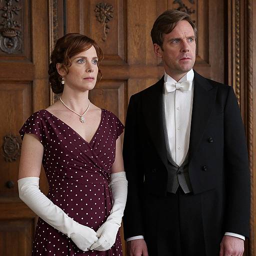 Photograph of a serious-looking couple standing against a wooden door; woman in maroon polka-dot dress and white gloves, man in black tux