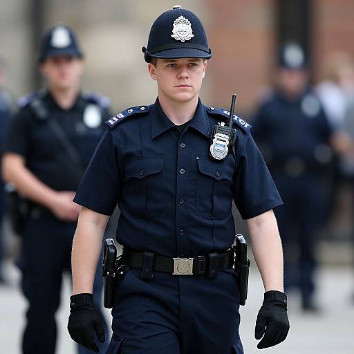 Photograph of a serious young white male police officer in black uniform and hat, standing front and center, with blurred background of other officers.