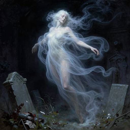 Digital art: Ghostly, ethereal woman with glowing white aura, floating amidst dark, eerie graveyard with crumbling tombstones, surrounded by mist.