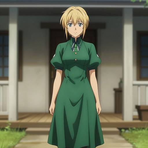 Anime-style digital drawing of a blonde woman with blue eyes, wearing a green dress, standing in front of a white house with a wooden porch.