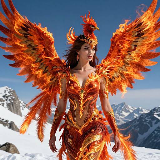 Digital artwork of a fierce, winged woman in fiery orange armor with a phoenix crown, standing in a snowy mountain landscape.
