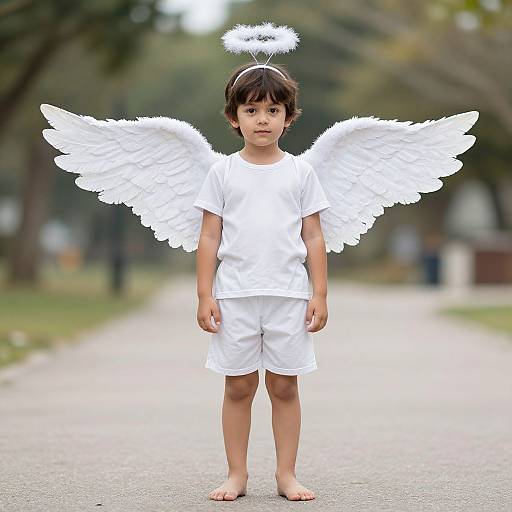 Photograph of a young boy with short brown hair, wearing a white halo, angel wings, and clothes, standing barefoot on a park path.