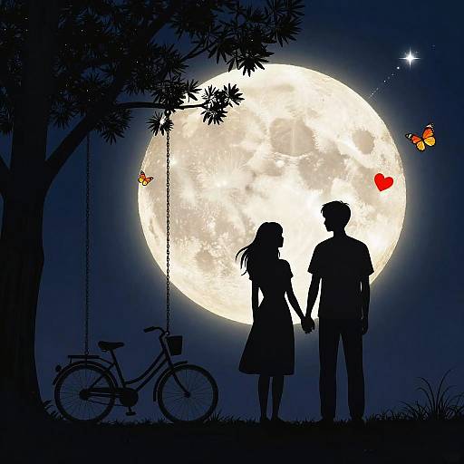 Silhouetted couple holding hands, with a swing bike, full moon, butterflies, and heart, under a starry night sky. Digital art