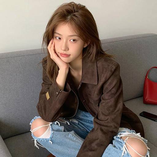 Young Woman on Gray Couch