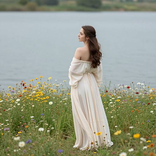 Photograph of a brunette woman in a white off-shoulder dress standing in a vibrant, wildflower-filled meadow by a calm lake.