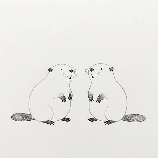 Minimalist Pencil Drawing of Beaver Couple