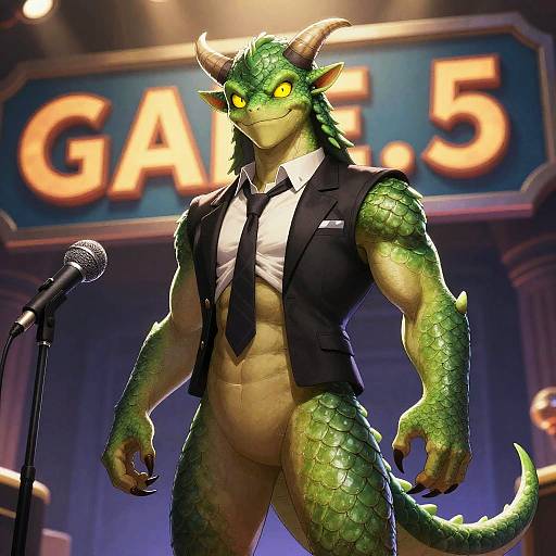 Digital artwork of a muscular, green-scaled dragon with yellow eyes, horns, and wearing a black vest over a white shirt, standing confidently at a