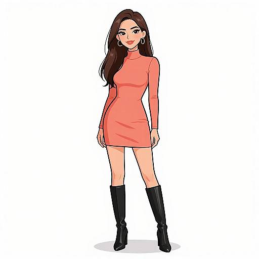 Digital anime-style drawing of a young woman with long brown hair, wearing a red long-sleeve dress, black knee-high boots, and hoop earrings