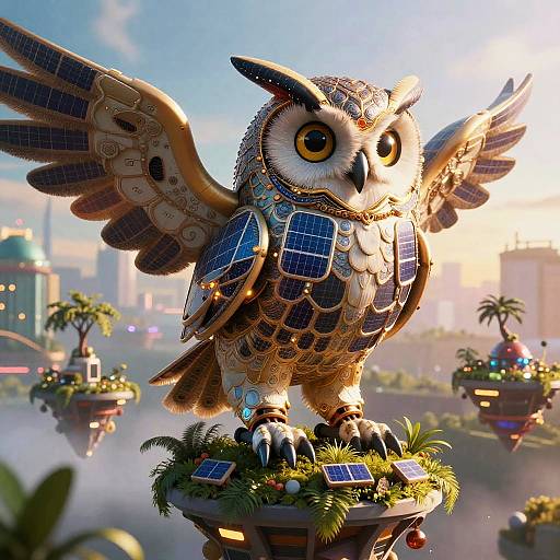 Solar-Powered Electric Owl in Futuristic Gardens