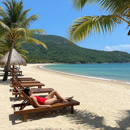 Photograph of a woman in a red one-piece swimsuit sunbathing on a wooden lounge chair on a tropical beach with palm trees and green hills