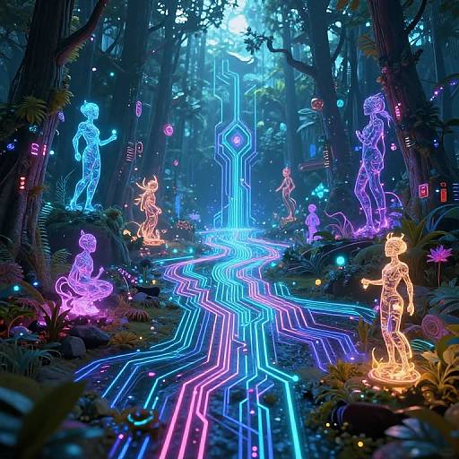 Digital art of a neon-lit forest with glowing, blue and purple wireframe figures, bioluminescent stream, and luminescent plants.