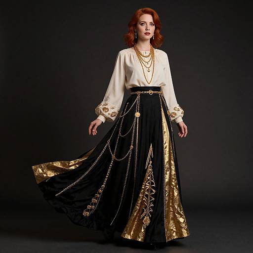 Photograph of a red-haired woman in a white blouse and black skirt with gold embroidery and chains, standing against a dark background.