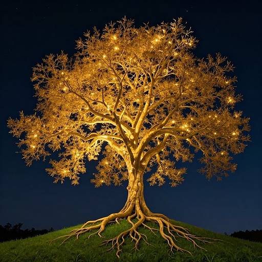 Photograph of a glowing, illuminated tree at night with golden lights, sprawling roots on a grassy hill, against a dark blue sky.