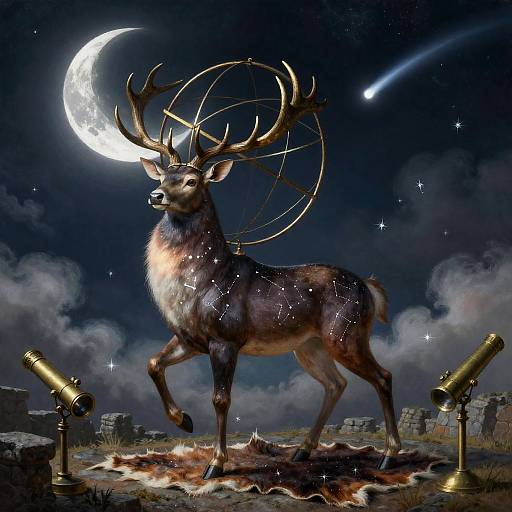 Celestial Stag with Armillary Antlers in Night Observatory