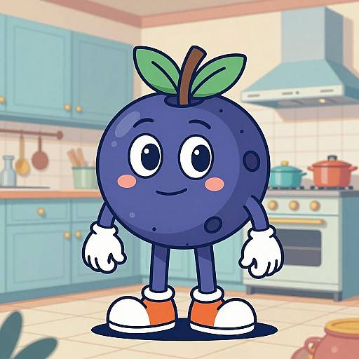 Whimsical Blueberry Character in Retro Kitchen