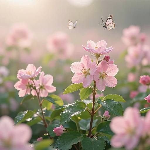 Photograph of a sunlit field with pink cherry blossoms, dew-covered green leaves, and two delicate black butterflies fluttering above.