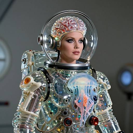 Photograph of a woman in a futuristic, transparent, illuminated spacesuit with brain-like helmet, jellyfish chest emblem, and colorful mechanical details.