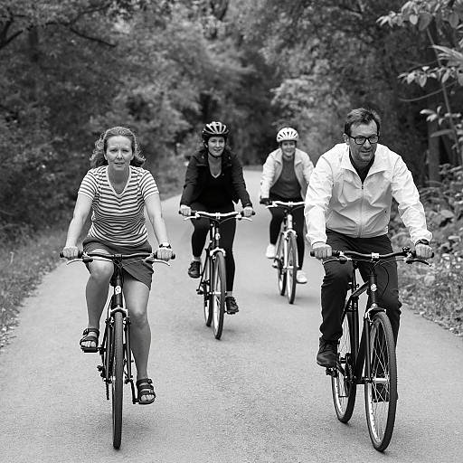Joyful Cyclists on a Forest Path