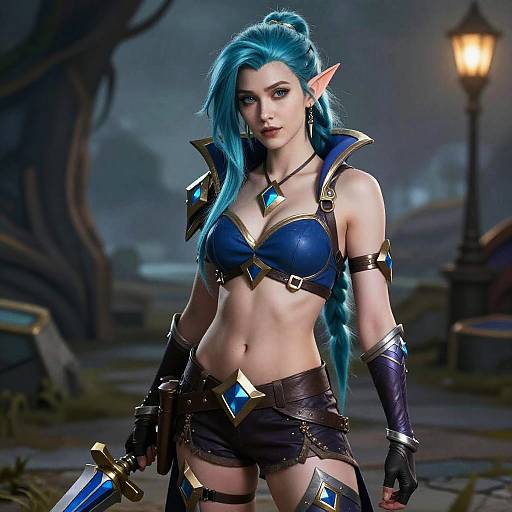 Digital artwork of a blue-haired, elf-like warrior woman with pointed ears, wearing a blue armored bra, black shorts, and gloves, holding a blue