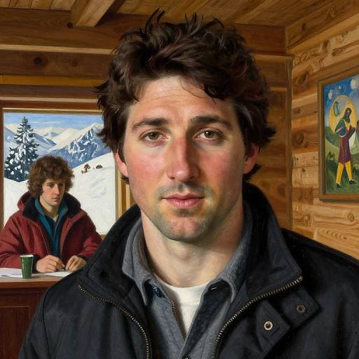 Photograph of a young man with tousled dark hair, wearing a black jacket over a gray shirt, standing in a wooden cabin with a reflection of