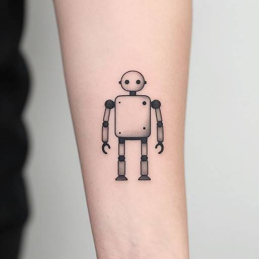 Minimalist black and white robot tattoo on pale skin, featuring simple lines and dots, centered on a forearm.