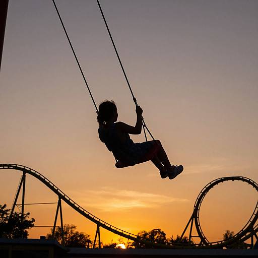 Silhouetted child on swing, sunset background, roller coaster tracks, vibrant orange-yellow sky, darkening horizon, serene evening, playful atmosphere.