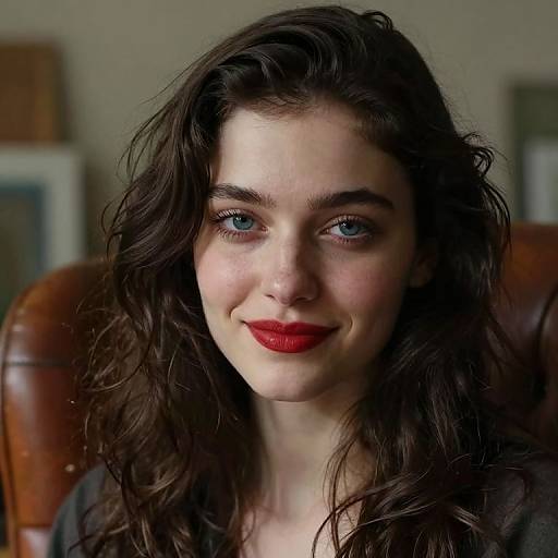 Photograph of a fair-skinned woman with long, wavy dark brown hair, blue eyes, and red lipstick, sitting in a brown leather chair