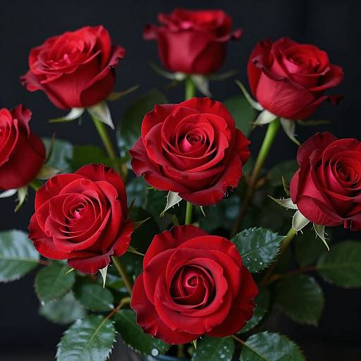 Photograph of vibrant red roses with lush green leaves and thorny stems, set against a dark blue-black background.
