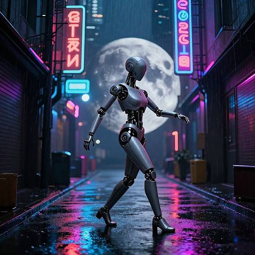 Futuristic Cyborg Moonwalking in Cyberpunk Alley