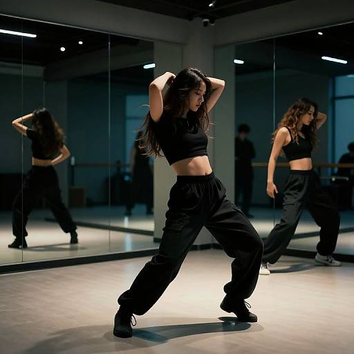 Photograph of a woman with long dark hair, wearing a black crop top and baggy black pants, dancing in a brightly lit mirrored room, striking