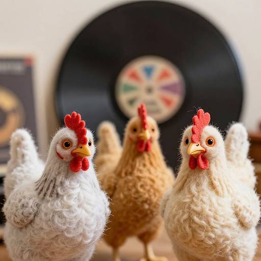 Photograph of three white and one brown fluffy toy chickens in the foreground, with a black vinyl record displaying a colorful label in the blurred background.
