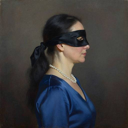 Photograph of a woman in profile, wearing a black blindfold, blue satin dress, and pearl necklace, against a dark background.