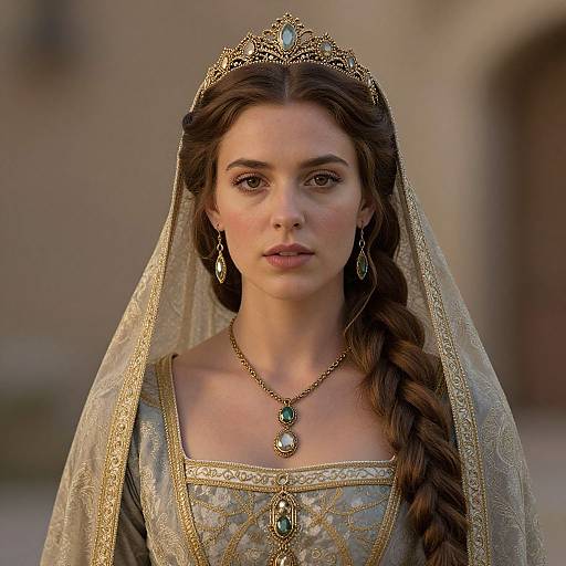 Photograph of a young woman with long brown braided hair, wearing a gold crown, veil, and medieval-style gown with intricate embroidery, green gem