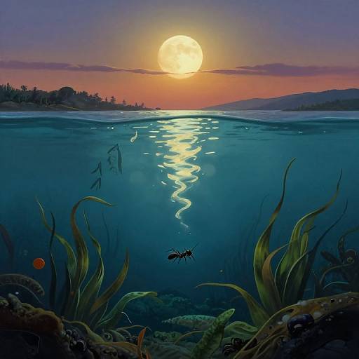 Digital artwork of a sunset over a blue ocean, with a bright sun, glowing reflection, underwater plants, and a small crab.