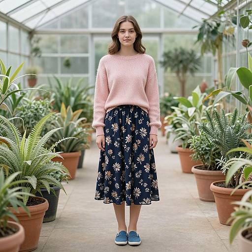 Elegant Woman in Lush Greenhouse