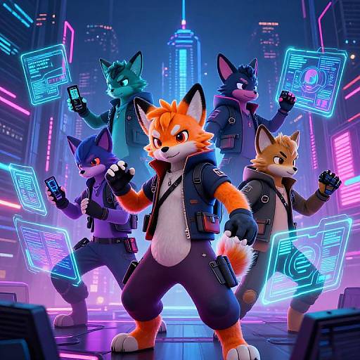 CGI furry anthro foxes in futuristic cyberpunk city, wearing black jackets, holding holographic screens, neon lights, and high-tech gadgets.