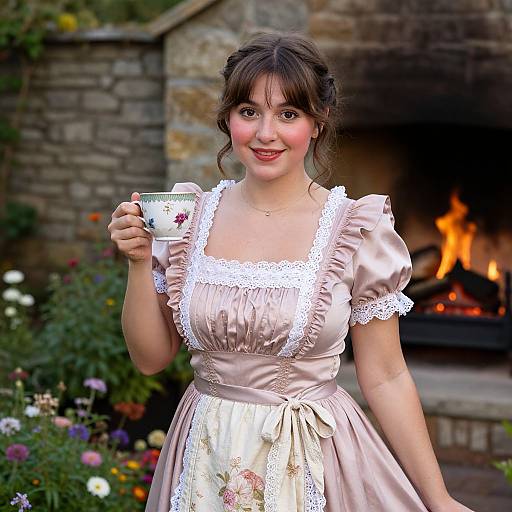 Photograph of a smiling young woman in a pink, lace-trimmed, floral apron dress holding a floral teacup, standing in front