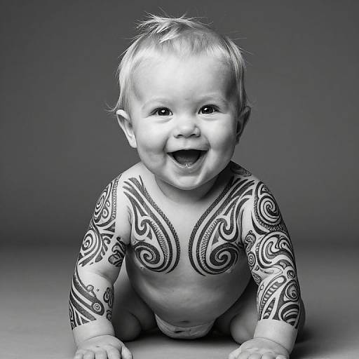 Black-and-white photograph of a smiling, tattooed baby with blonde hair, intricate tribal arm and chest tattoos, crawling on a flat surface.