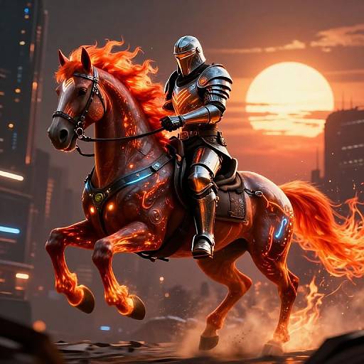 Digital artwork of a knight in shiny armor riding a fiery, galloping horse at sunset in a futuristic cityscape.