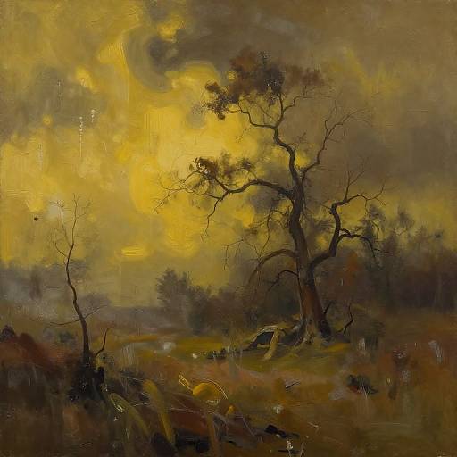 Moody Abstract Landscape with Twisted Trees