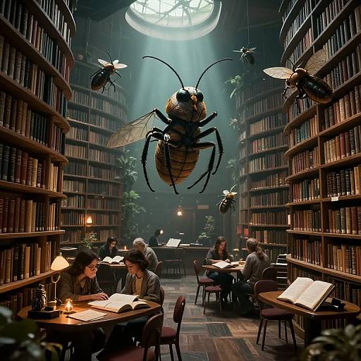 Photorealistic digital art of a dimly lit library with giant insects (bee, wasp, fly) hanging from the ceiling, patrons reading at
