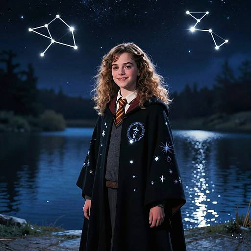 Photograph of a young girl with curly brown hair, wearing a black Hogwarts robe with star patterns, standing by a moonlit lake with constellations